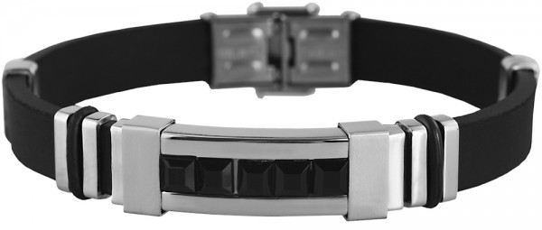 Akzent Kautschuk Armband mit Edelstahlelementen und schwarzen Glassteinen, Breite 12 mm, Länge 22 cm