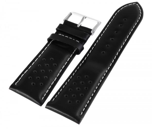 Echtleder Uhrenarmband, schwarz mit silberfarbener Schließe, 24 mm
