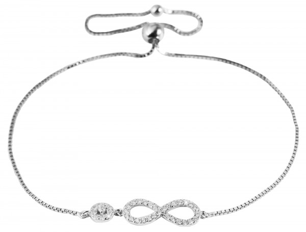 Silber Damenarmband, Unentlichzeichen mit kleinem Anhänger und 39 weisen Zirkonia Steinen, rhodinier